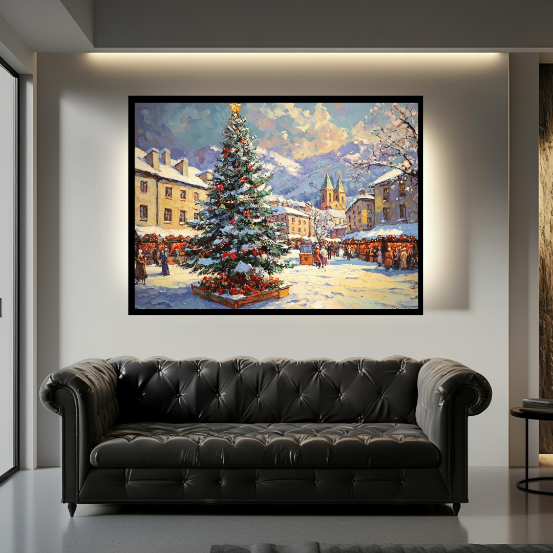 White Christmas canvas art print featuring a winter landscape, 90x120cm, by My Store.
