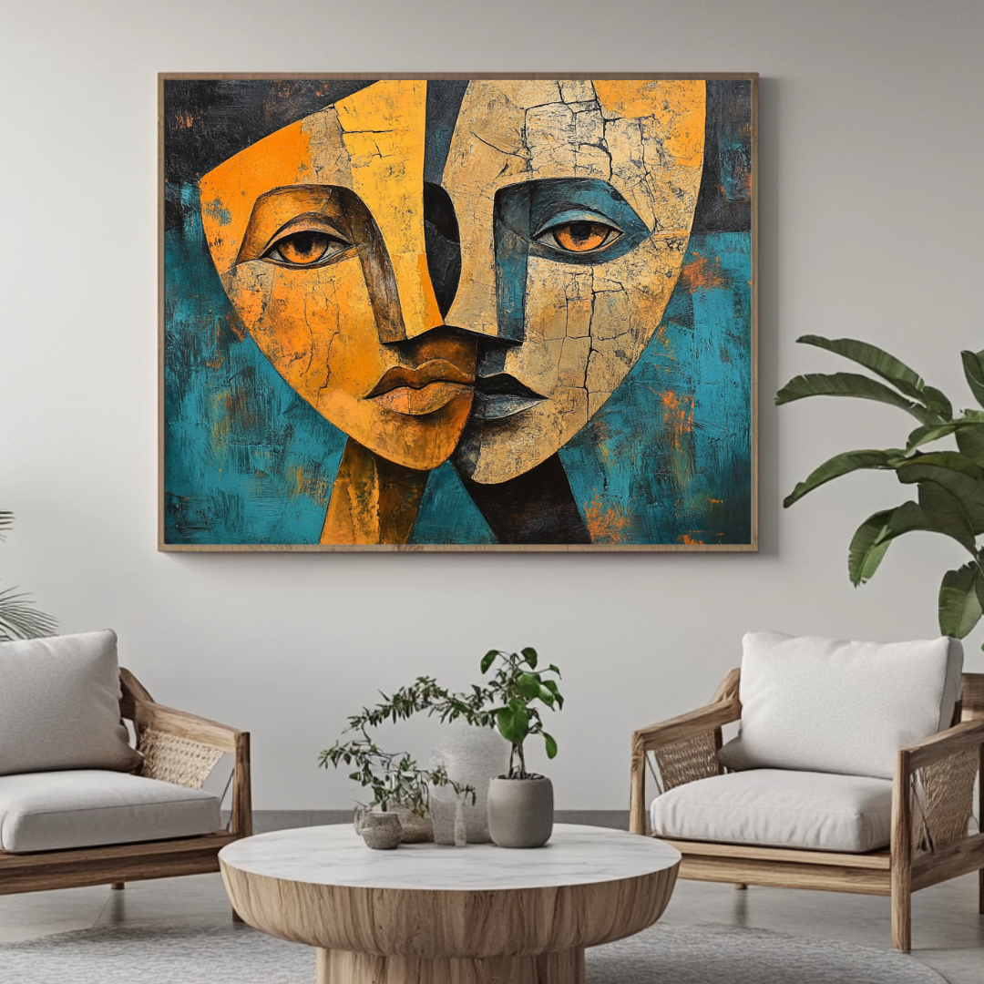 Abstract female portrait canvas print in vibrant colors, 130x93cm, by My Store, ideal for bedroom decor.
