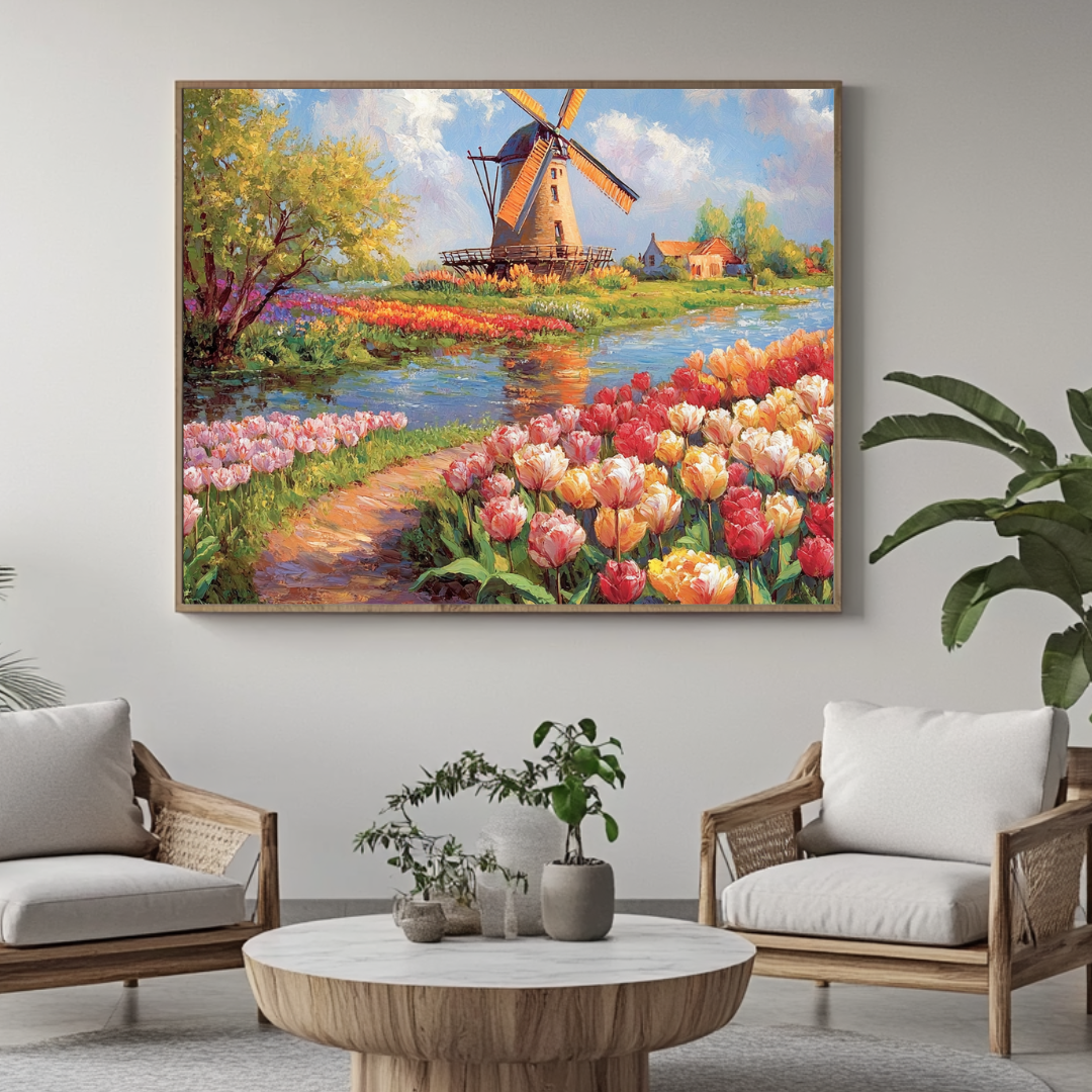 Vibrant tulips canvas art print by My Store, 90x120cm, featuring bright colors for botanical bedroom decor.