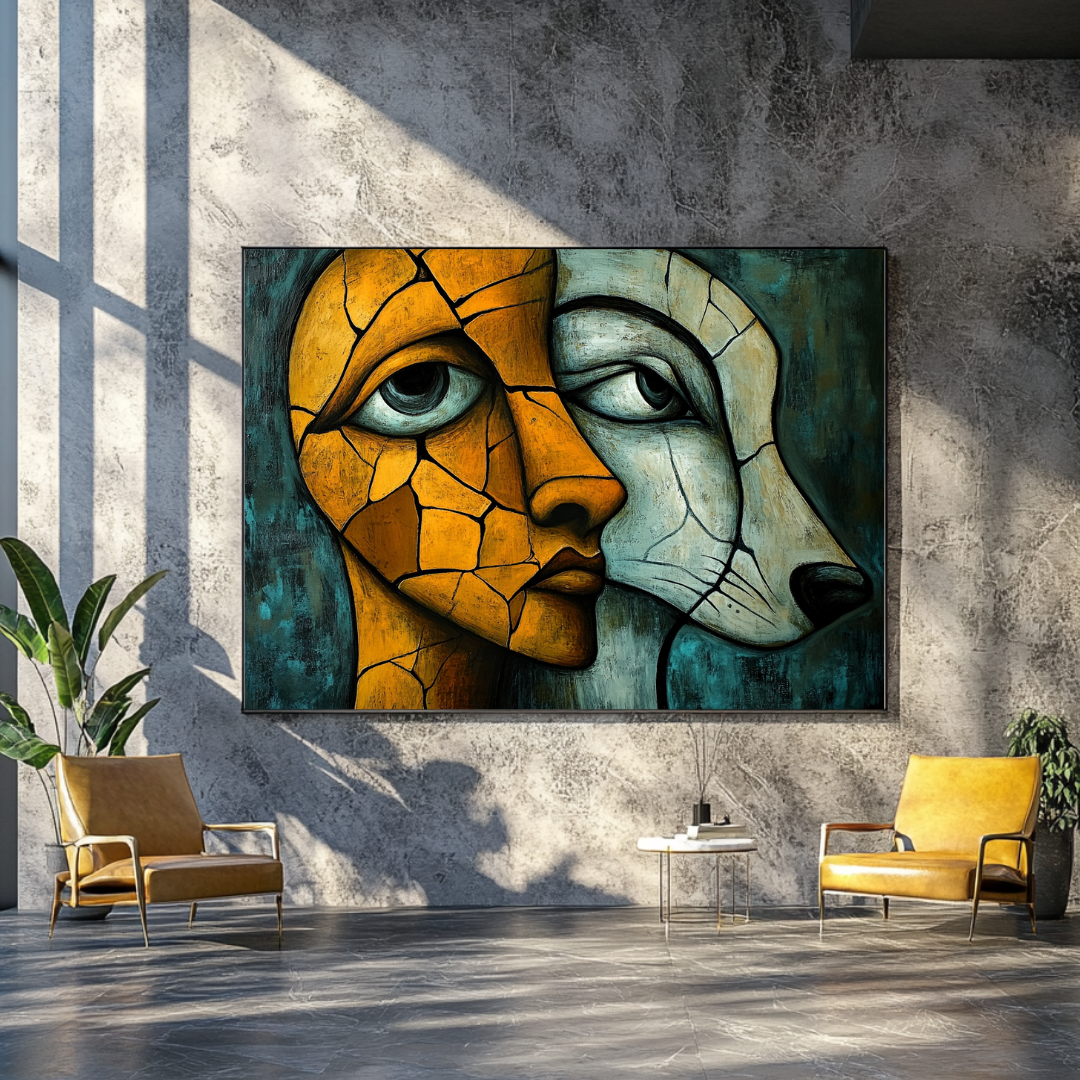 Abstract canvas art print featuring human-animal figures in vibrant colors, 100x130cm by My Store.