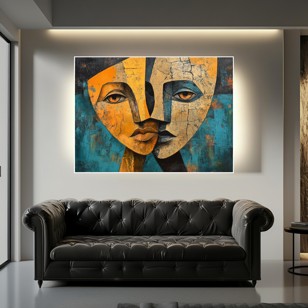 Abstract female portrait canvas print in vibrant colors, 130x93cm, by My Store, ideal for bedroom decor.