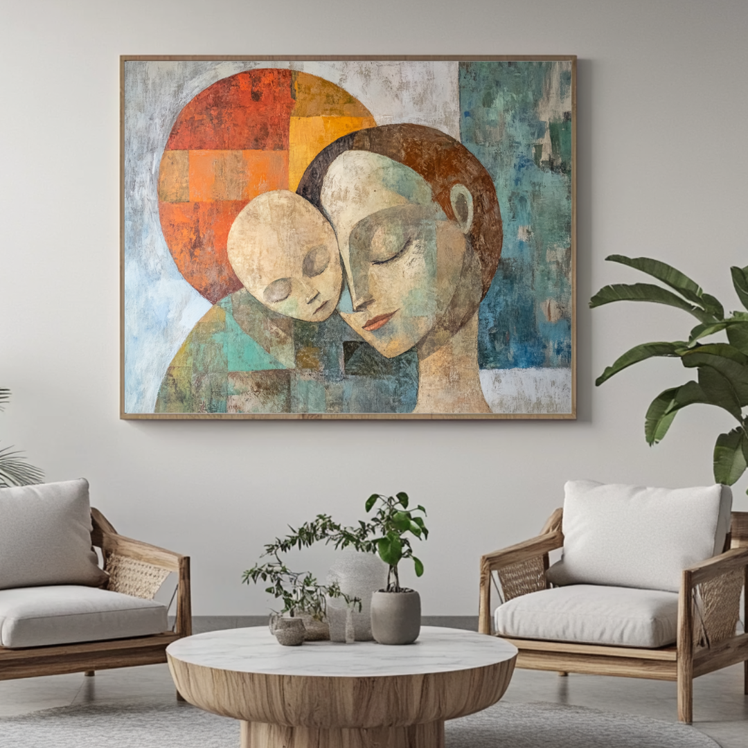 Abstract canvas print featuring a mother and child in soft colors, 100x130cm by My Store