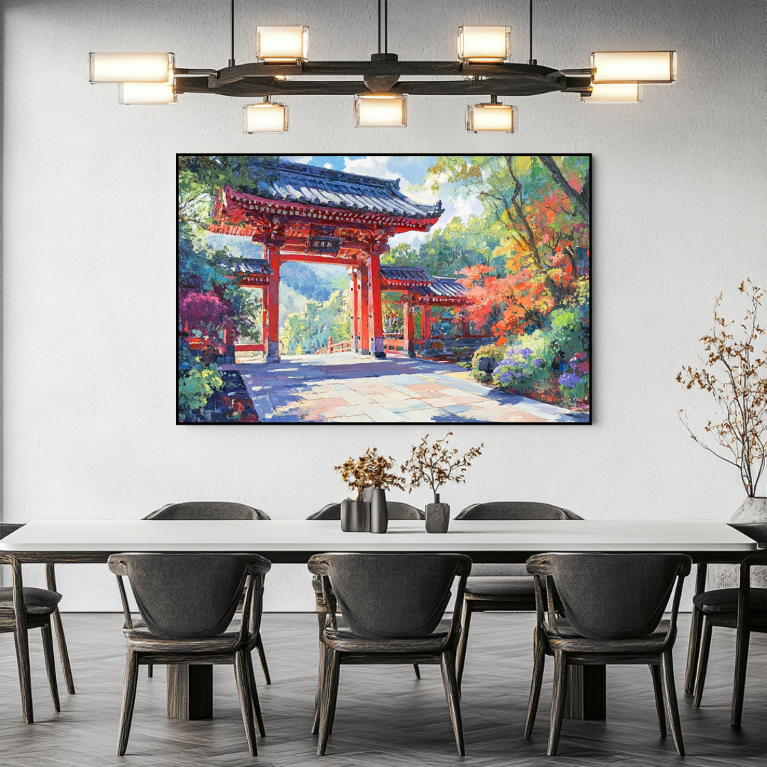 Temple Forest canvas print by My Store, 90x120cm, featuring Asian-inspired architectural art in vibrant colors.