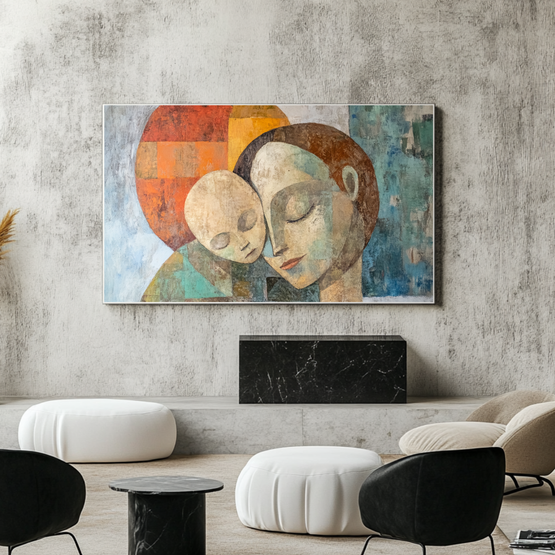 Abstract canvas print featuring mother and child figures in soft colors, 100x130cm by My Store