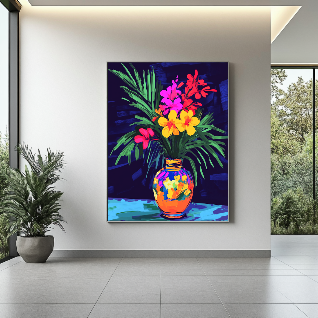 Tropical vase print featuring vibrant flowers in a colorful still life, by My Store.
