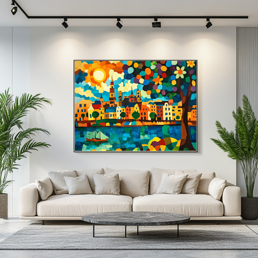 Large abstract canvas print in vibrant colors, 130x93cm, by My Store for modern apartment decor.