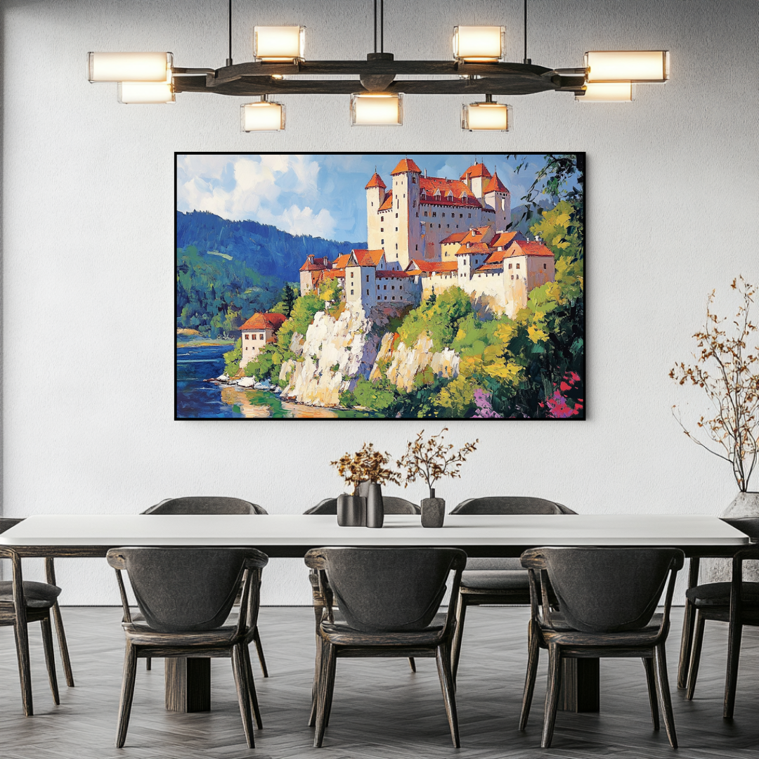 Medieval castle canvas art print in vibrant colors, 90x120cm, by My Store, showcasing royal architecture.