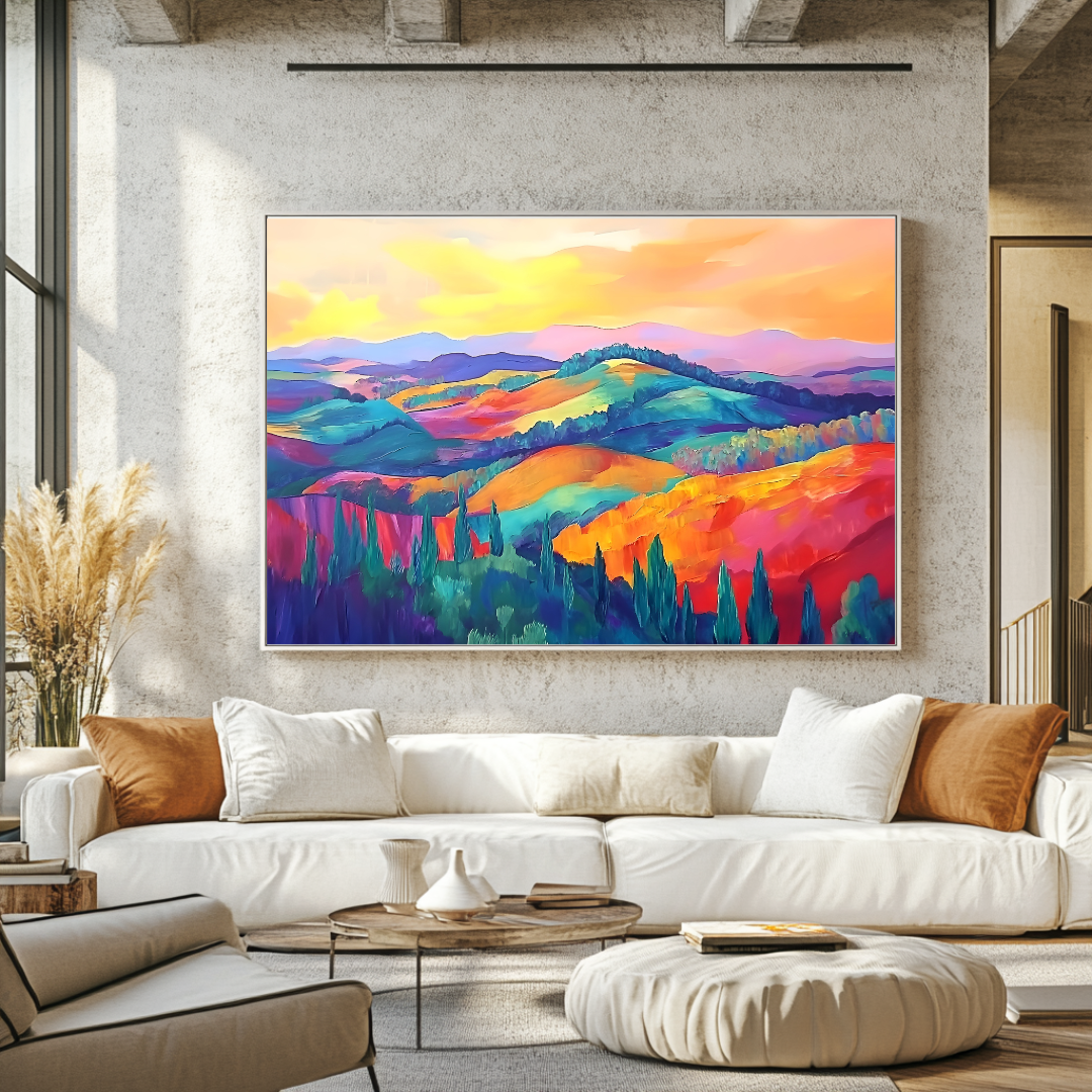Large canvas art print featuring vibrant sunset landscape in warm colors, 120x90cm by My Store.