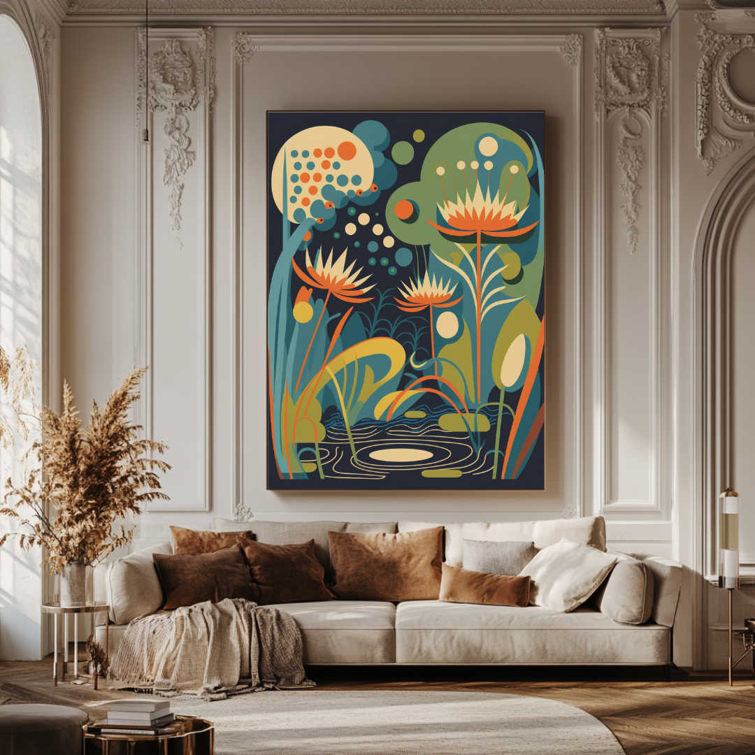 Moonlit botanical canvas art print in calming colors, 120x160cm by My Store for bedroom decor.