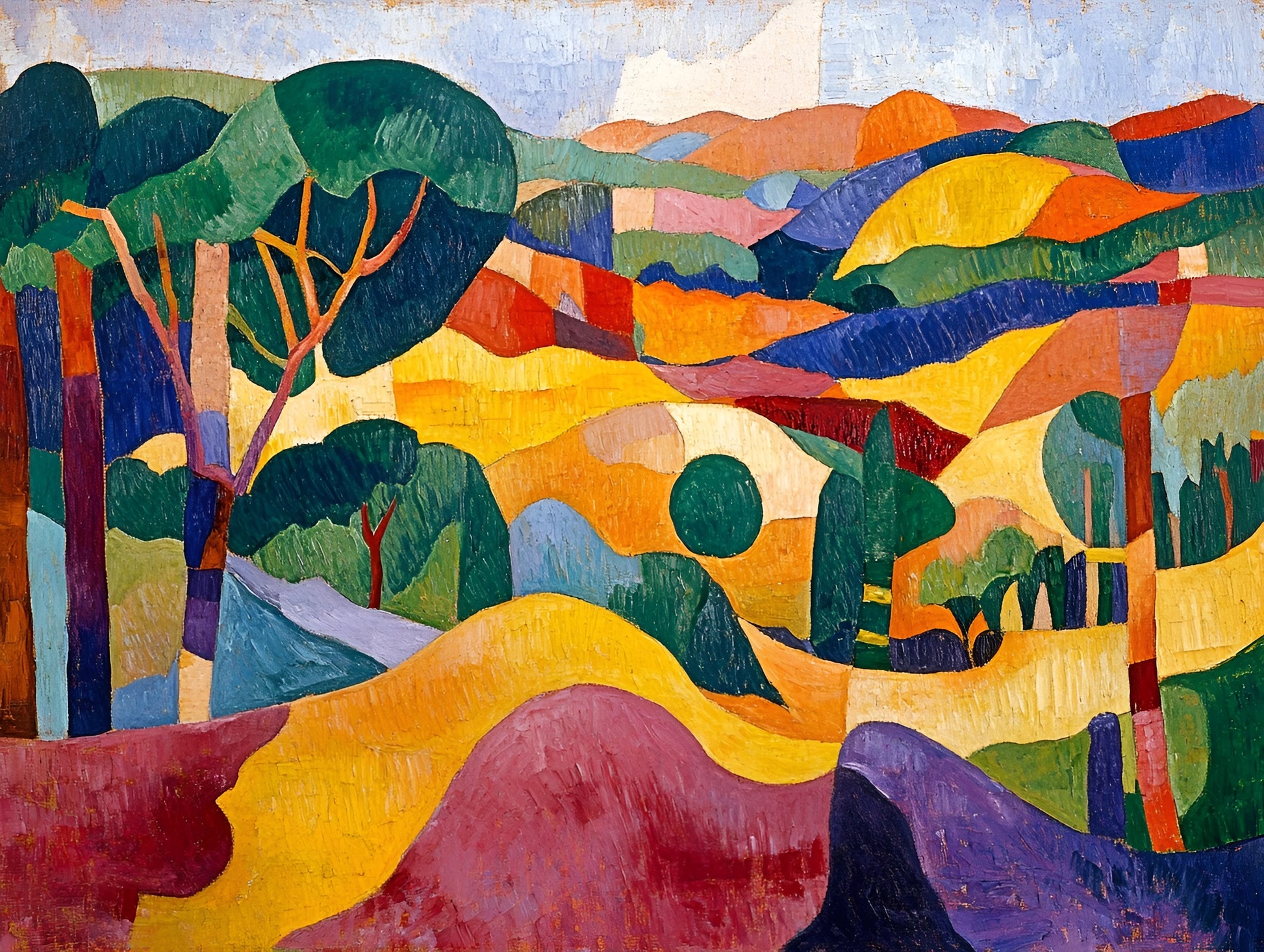 Colorful contemporary landscape print by My Store, 120 cm x 90 cm, featuring vibrant hills and a bright sky.